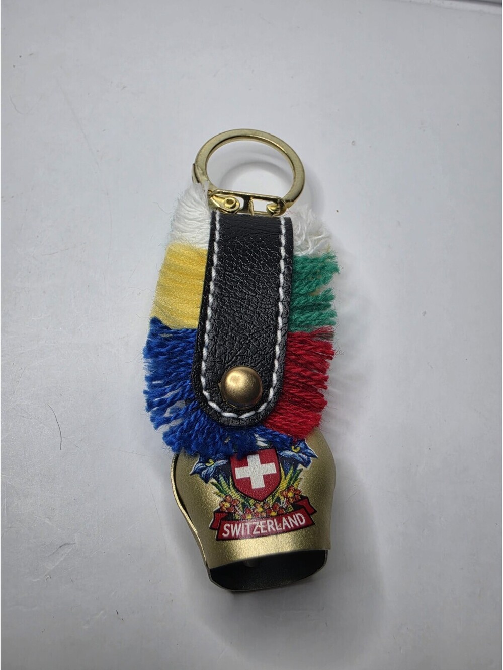 Vintage Switzerland Metal Cow Bell Souvernir Keychain w/ Multicolor Fringe Key